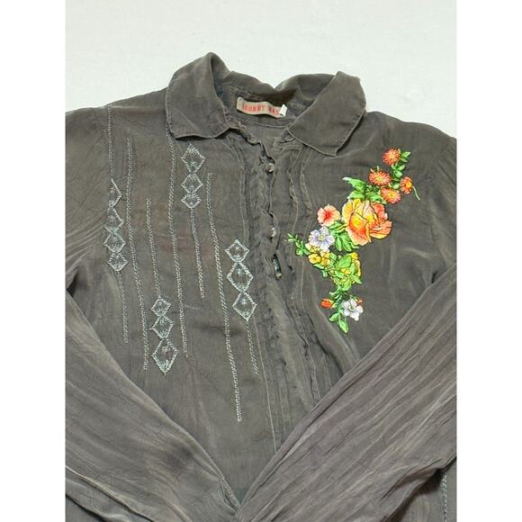 Johnny Was Floral Embroidered Crinkle Rayon Button Up Blouse Small Lightweight - Picture 2 of 7